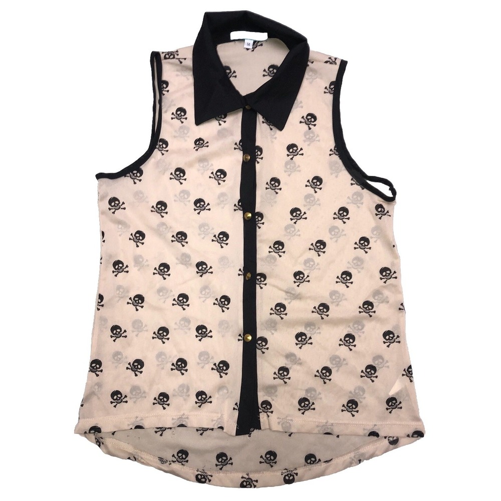 Julies Closet‎ Button Up Top Women's M Beige Skulls  Sheer Goth Grunge Halloween